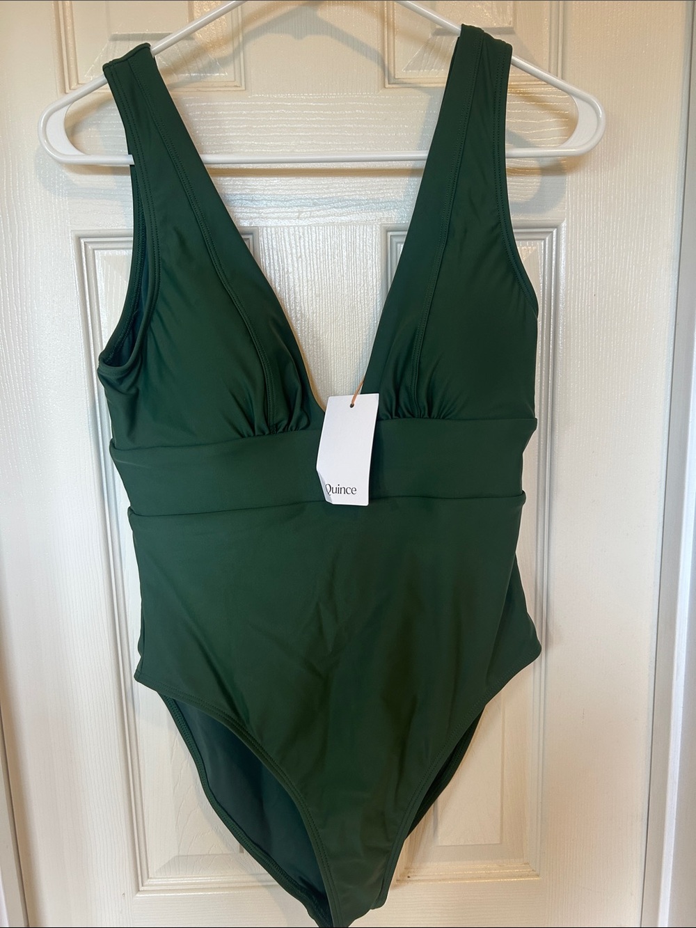 Quince Italian Deep V One-Piece Swimsuit in Dark Green